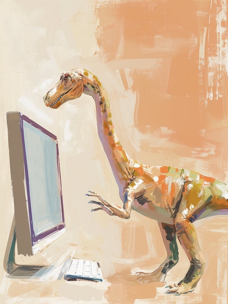 Dinosaur On A Computer Beige Brushstrokes
