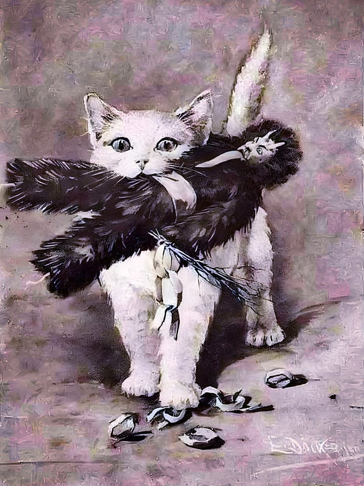 Christmas White Cat With Krampus Doll - Victorian Vintage German Illustration of Xmas Greeting Card Cat Playing With Bad Santa Toy Remastered HD Yule