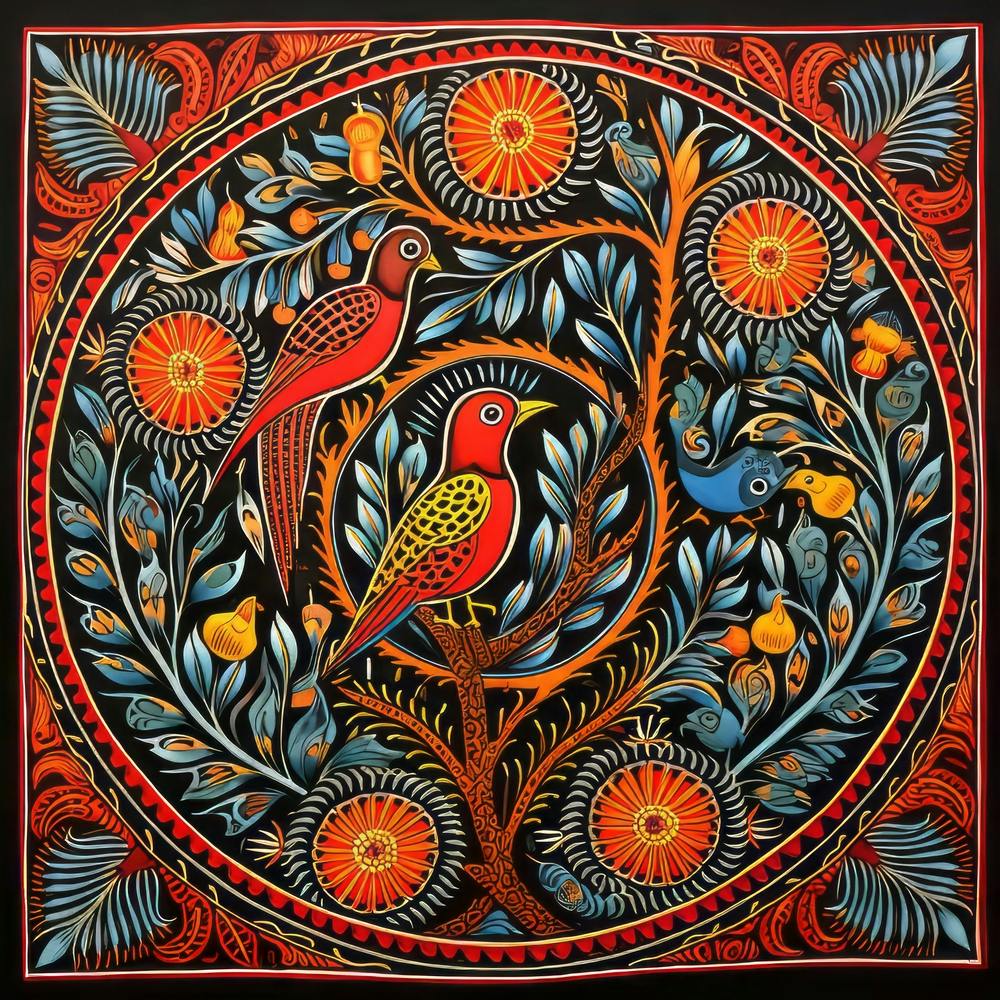 Bird In A Tree Madhubani Painting Indian Traditional Style