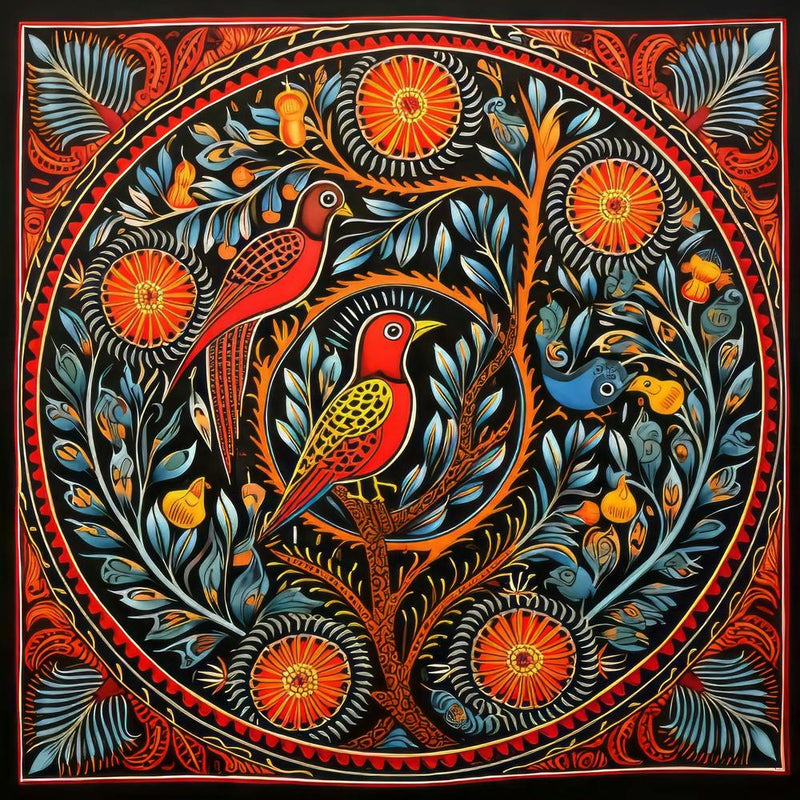 Bird In A Tree Madhubani Painting Indian Traditional Style