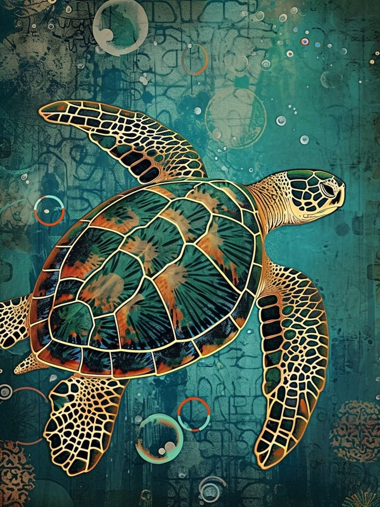Textured Sea Turtle Collage With Bubbles 3