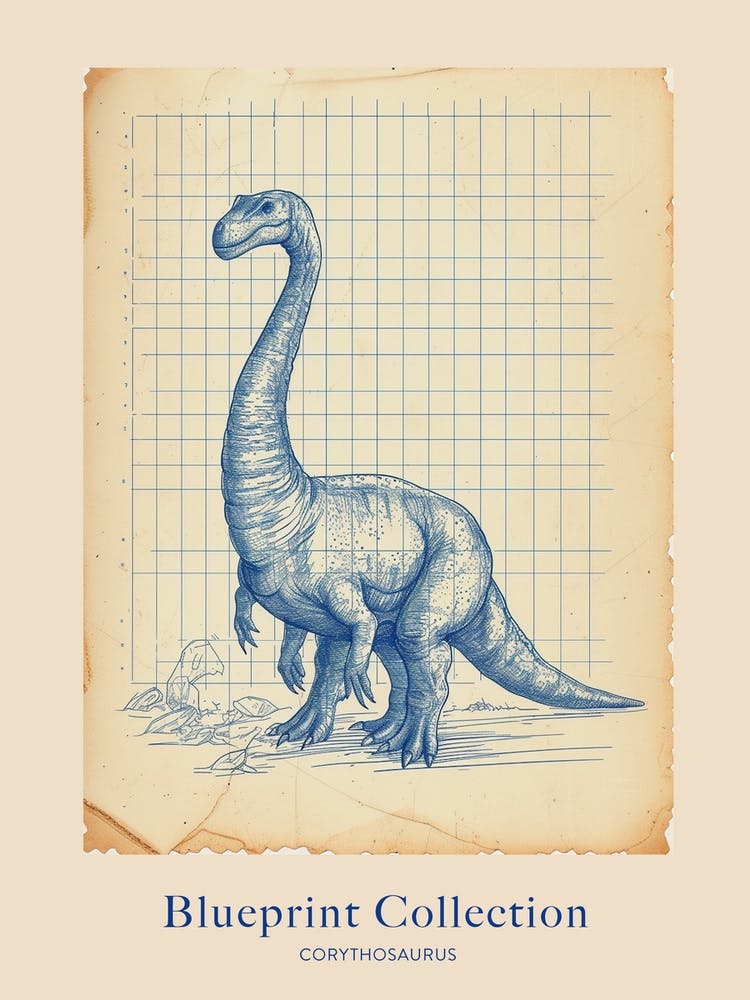 Corythosaurus Dinosaur Blue Print Sketch 2 Poster
