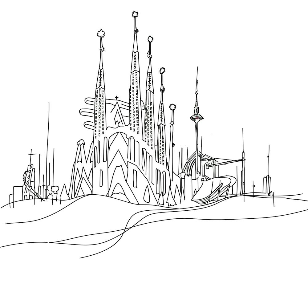 Barcelona Skyline, minimalist, line art, black and white.