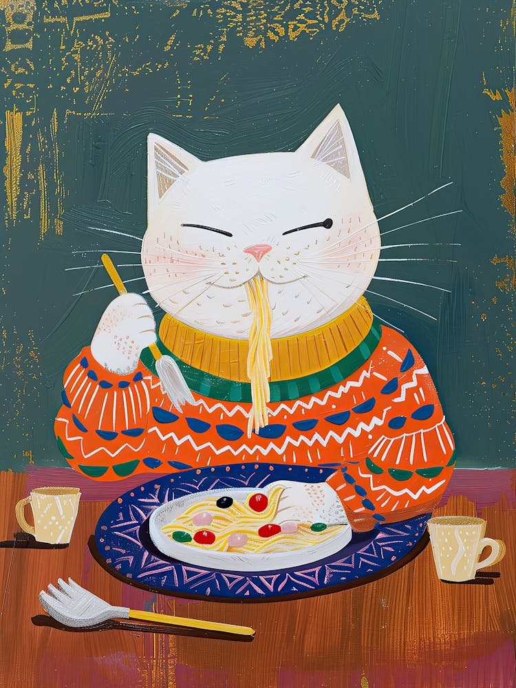 Cute White Cat Pasta Lover Folk Illustration 2
