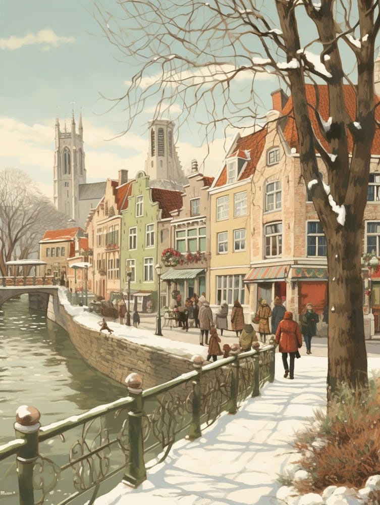 Vintage Winterillustration Bruges Belgium 3