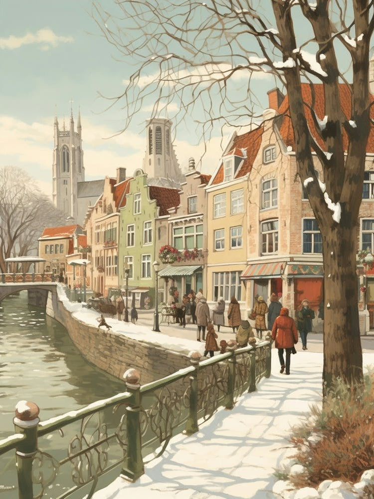 Vintage Winter Illustration Bruges Belgium 3