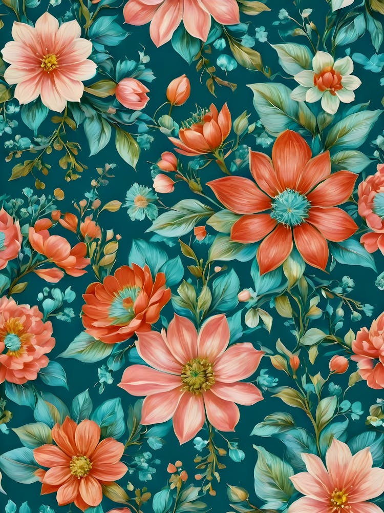Painted Spring and Summer Flowers Boho Pattern - Green Background Orange Bohemian Blooms Vivid and Vibrant Wallpaper Art Like Amy Butler and William Morris Fabric Print For Lunar Pagan Gallery Feature Wall Floral Botanical Luna Lover HD