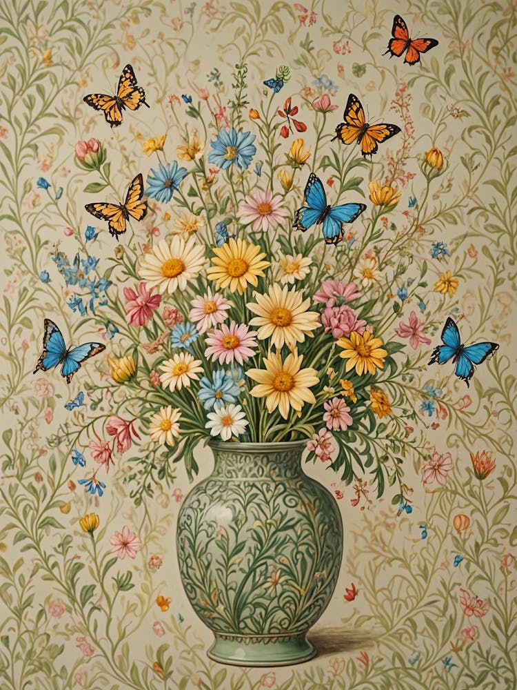 Flowers In A Vase And Butterflies