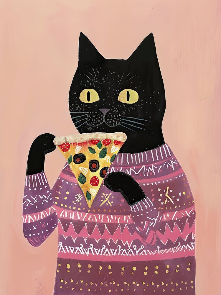 Black Cat Eating A Pizza Slice Folk Illustration 4