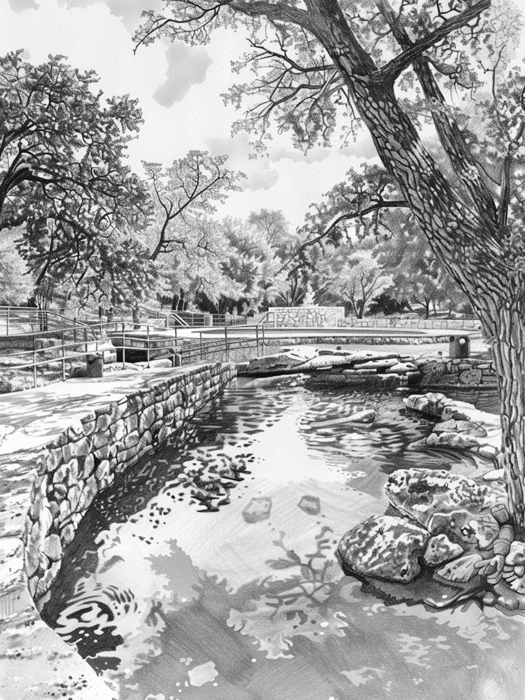 Barton Springs Pool Austin Texas Black And White Drawing 2