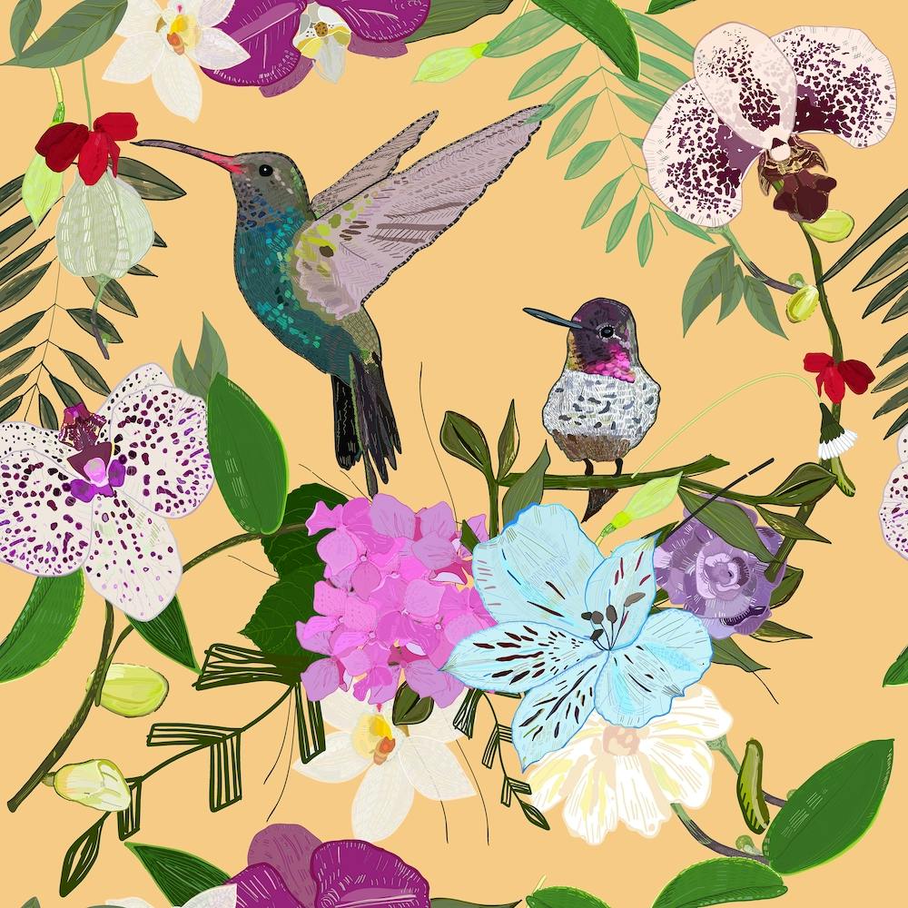 Orchid, Alstromerias And Cute Humming Birds Pattern Square