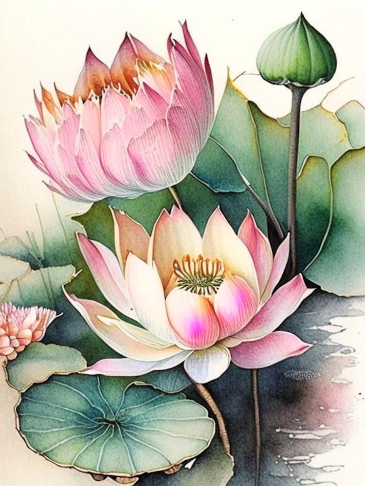 Lotusblumen im Garten Aquarell Tusche Bleistift 1