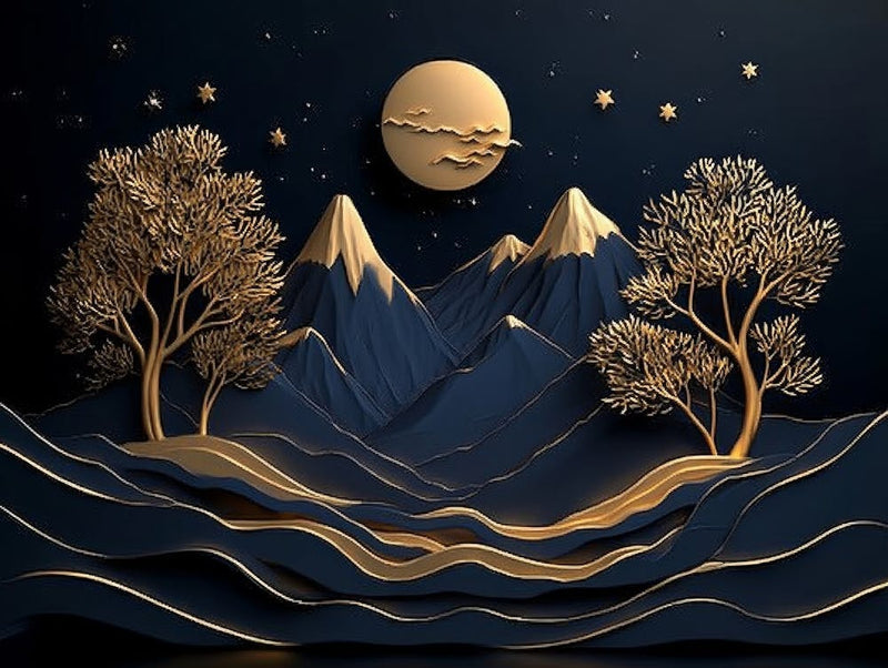 3d Modern Art with Dark Blue and Golden Wave Landscape
