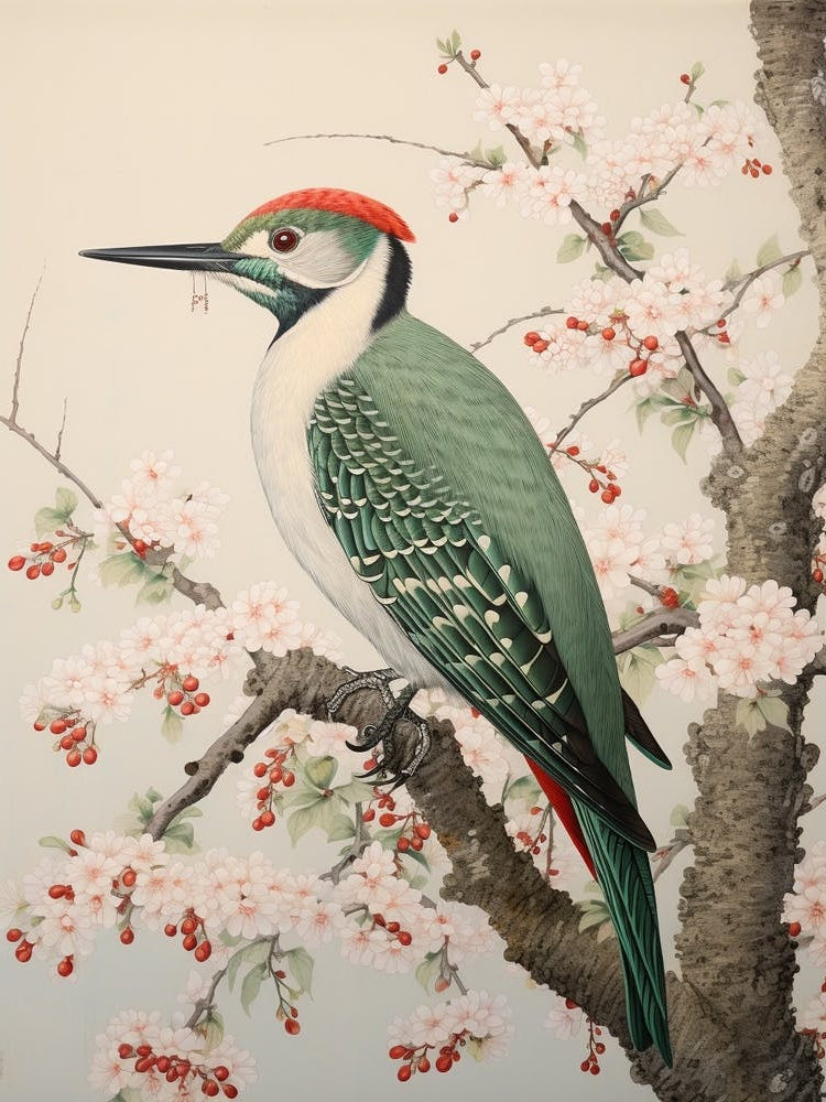 Ohara Koson Inspired Bird Painting Woodpecker 4