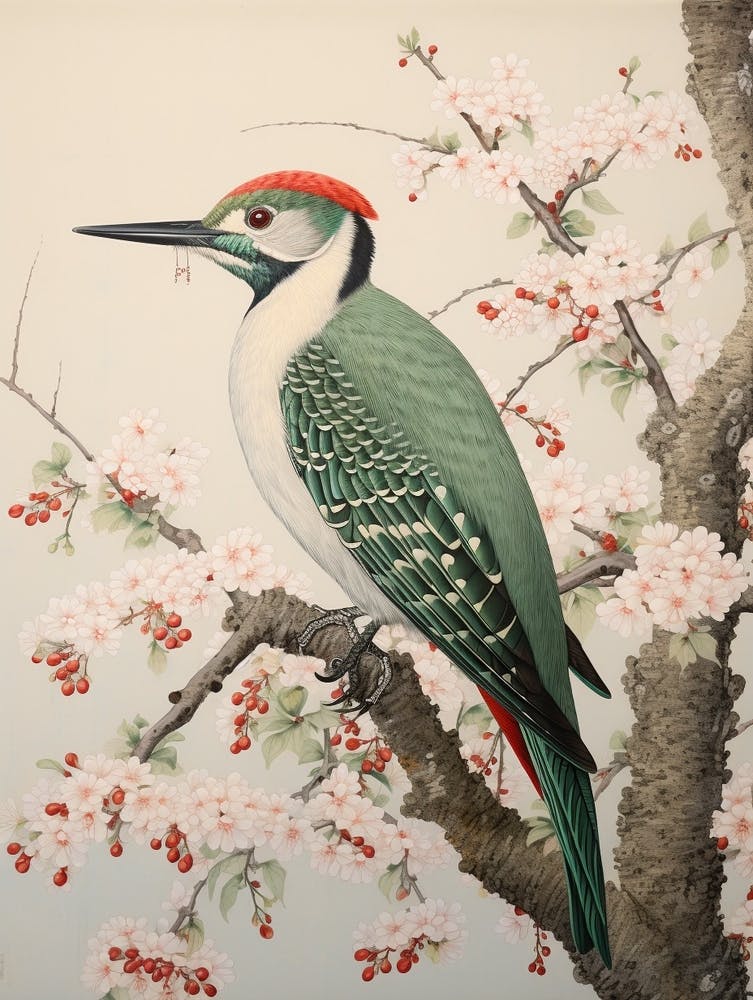 Ohara Koson Inspired Bird Painting Woodpecker 4