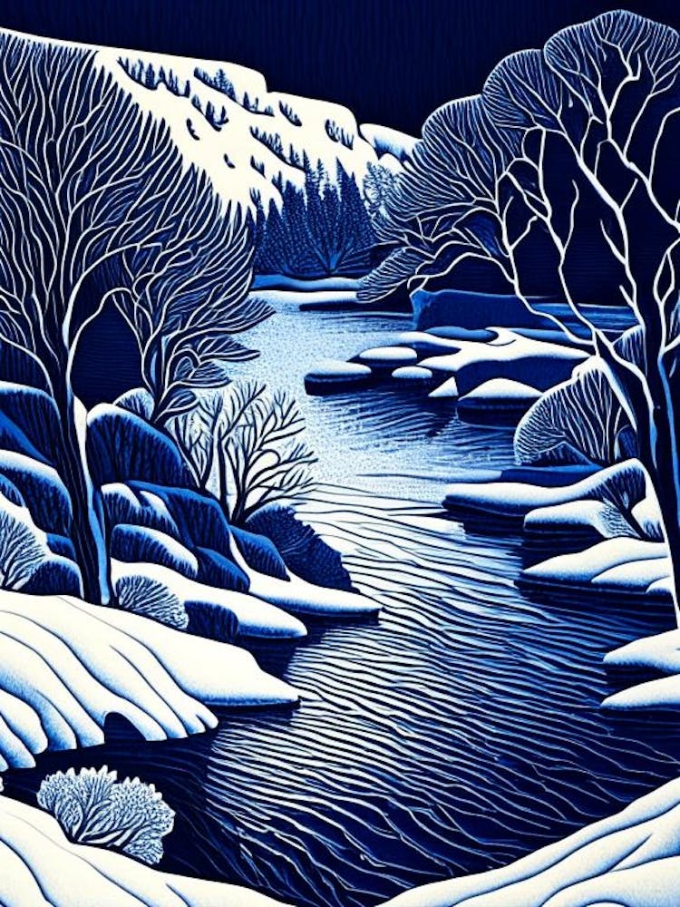 Frozen Landscapes With Icy Water Formations Waterscape Linocut 2