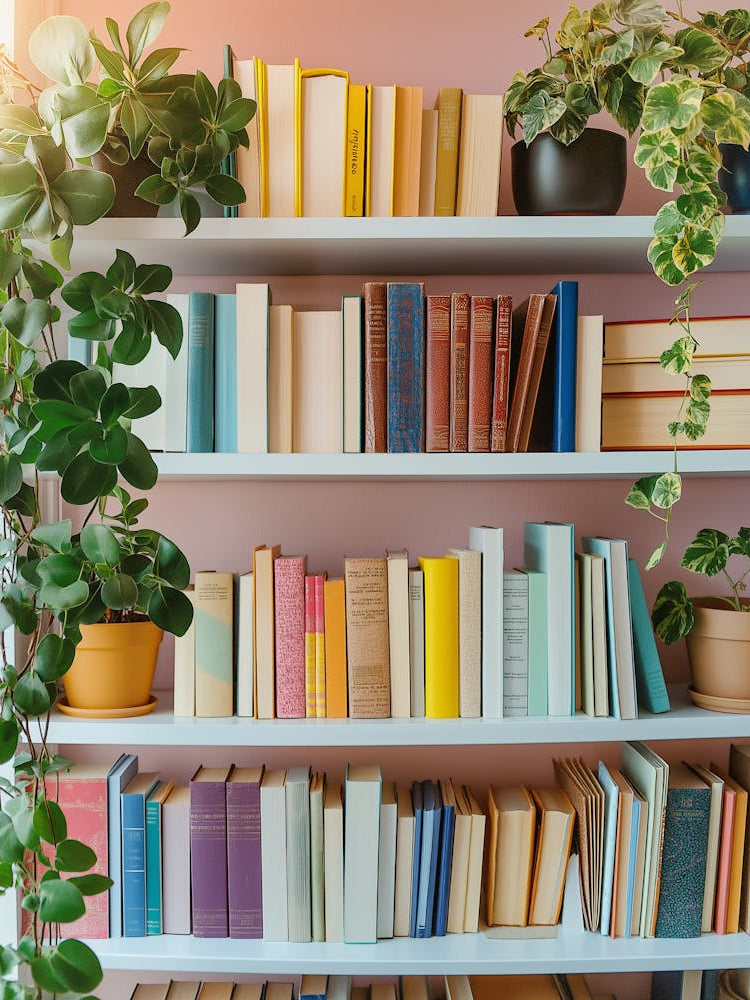 Bookshelf Filled With Colorful Books And Potted Plants 1