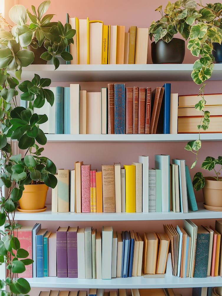 Bookshelf Filled With Colorful Books And Potted Plants 1