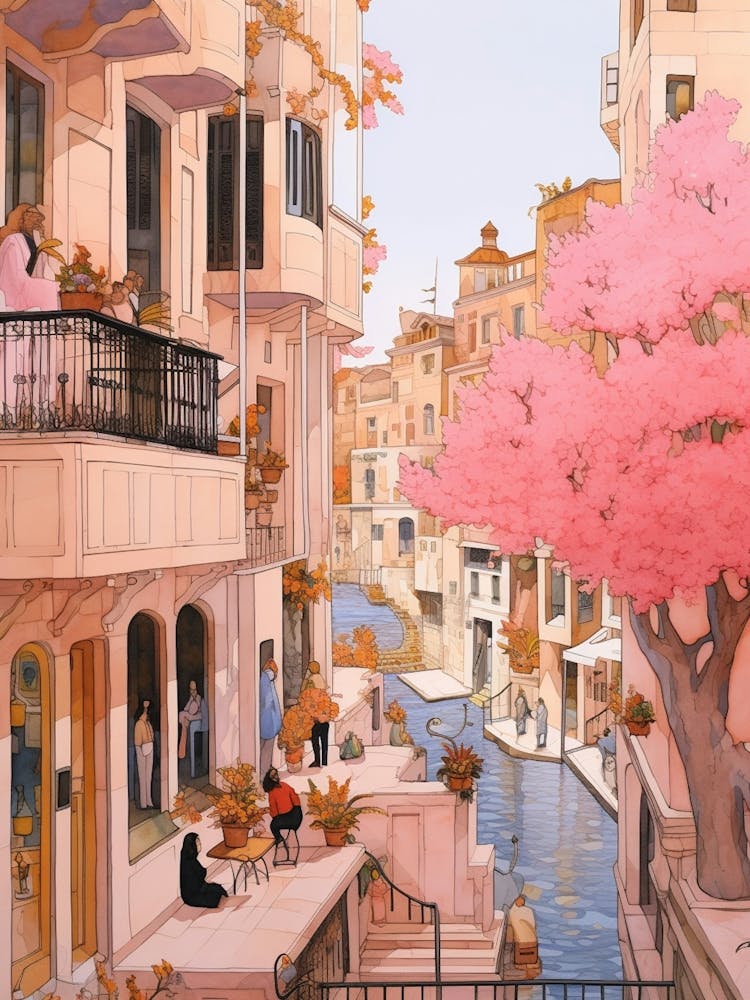 Istanbul Turkey 5 Vintage Pink Travel Illustration