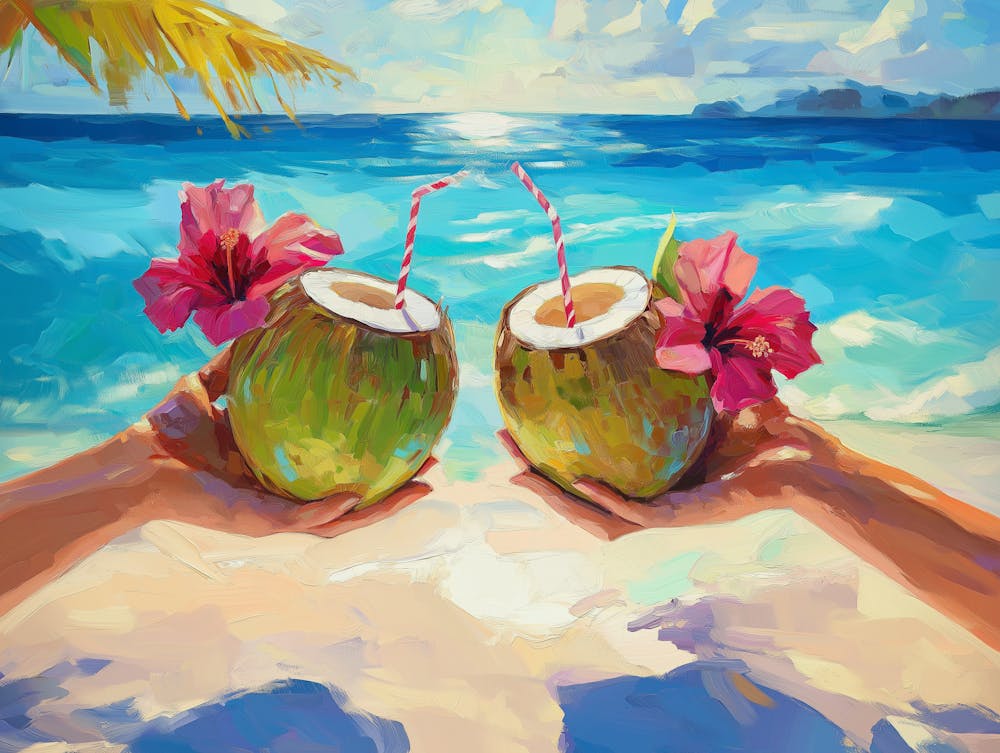 A Pair Of Hands Holding Coconuts With Straws And Hibiscus Flowers