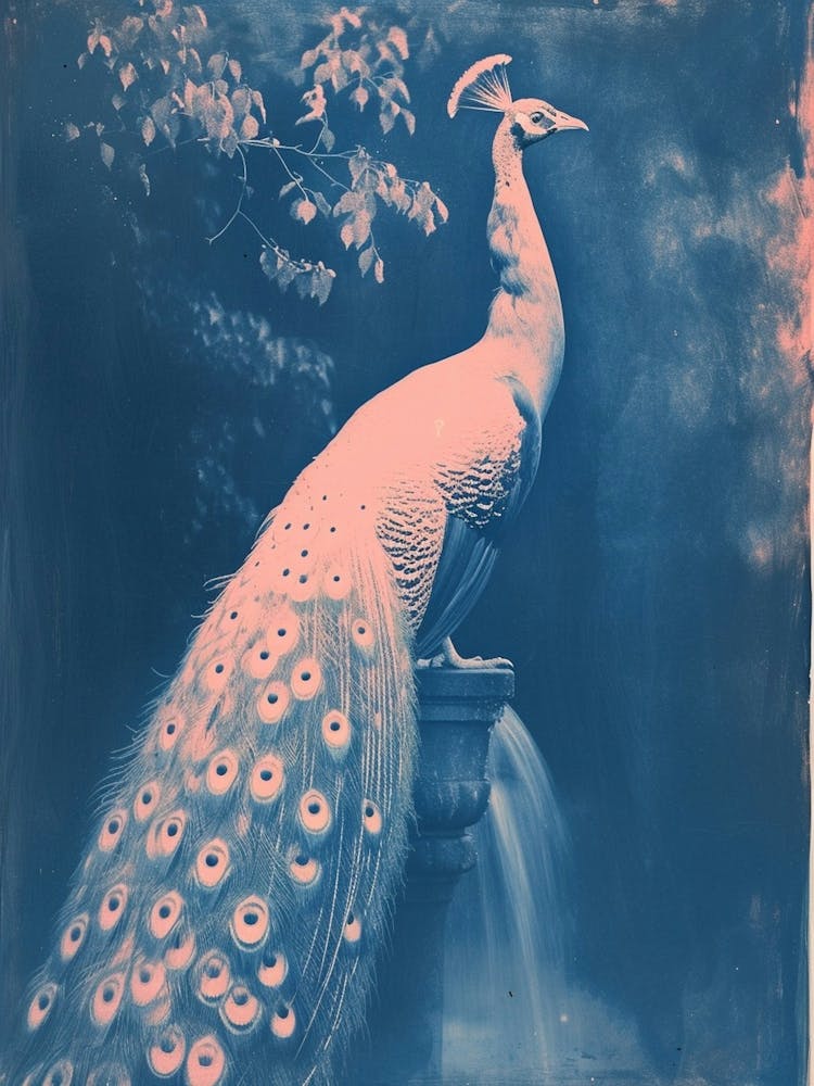 Peacock In The Fountain Pink & Blue Cyanotype Inspired 2