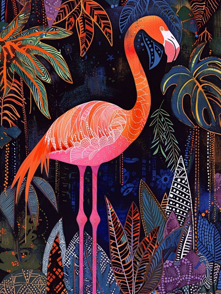 Greater Flamingo And Philodendrons Boho Print 4
