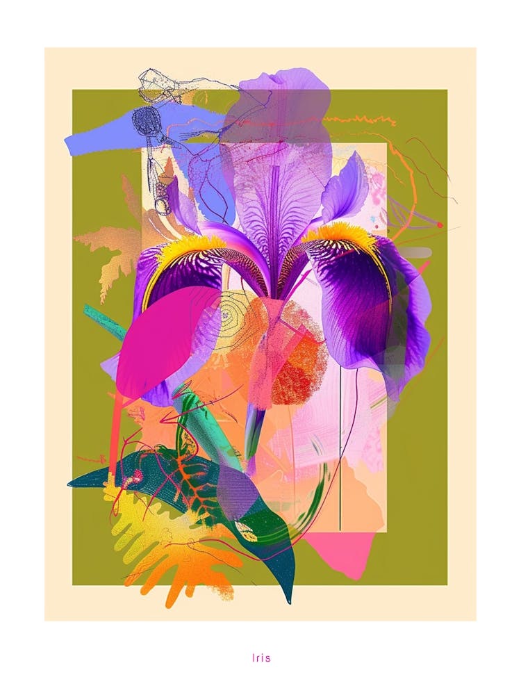 Iris 2 Neon Flower Collage Poster