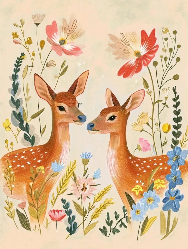 Folksy Floral Animal Drawing Deer 2