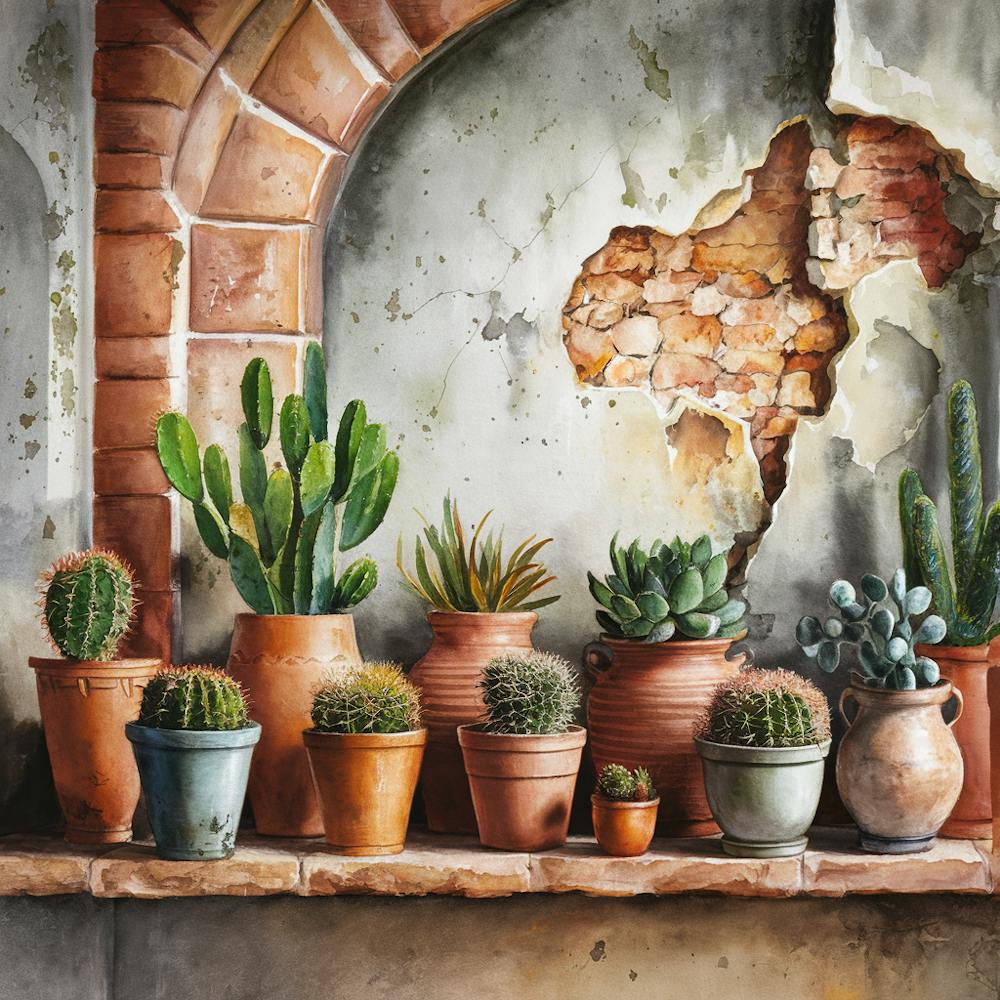 Watercolor painting of an old, weathered wall with cracked stone and peeling paint. The background features various sizes and shapes of terracotta pots on the shelf below. Each pot is filled with vibrant cacti or succulents, 5