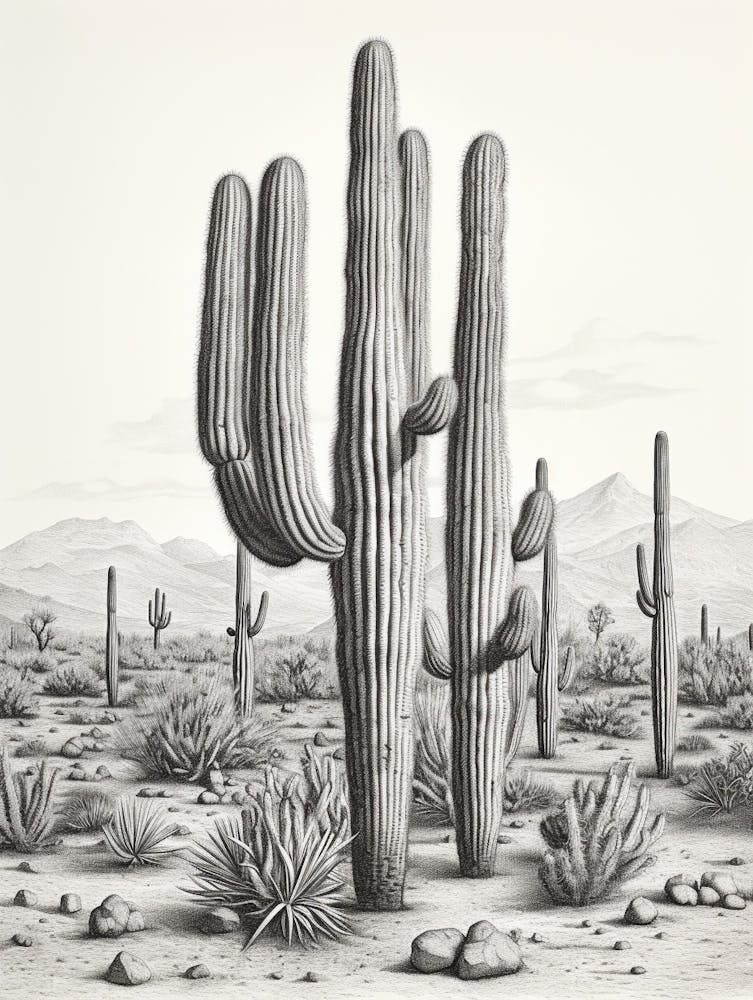 Vintage Cactus Illustration Organ Pipe Cactus B&W 2