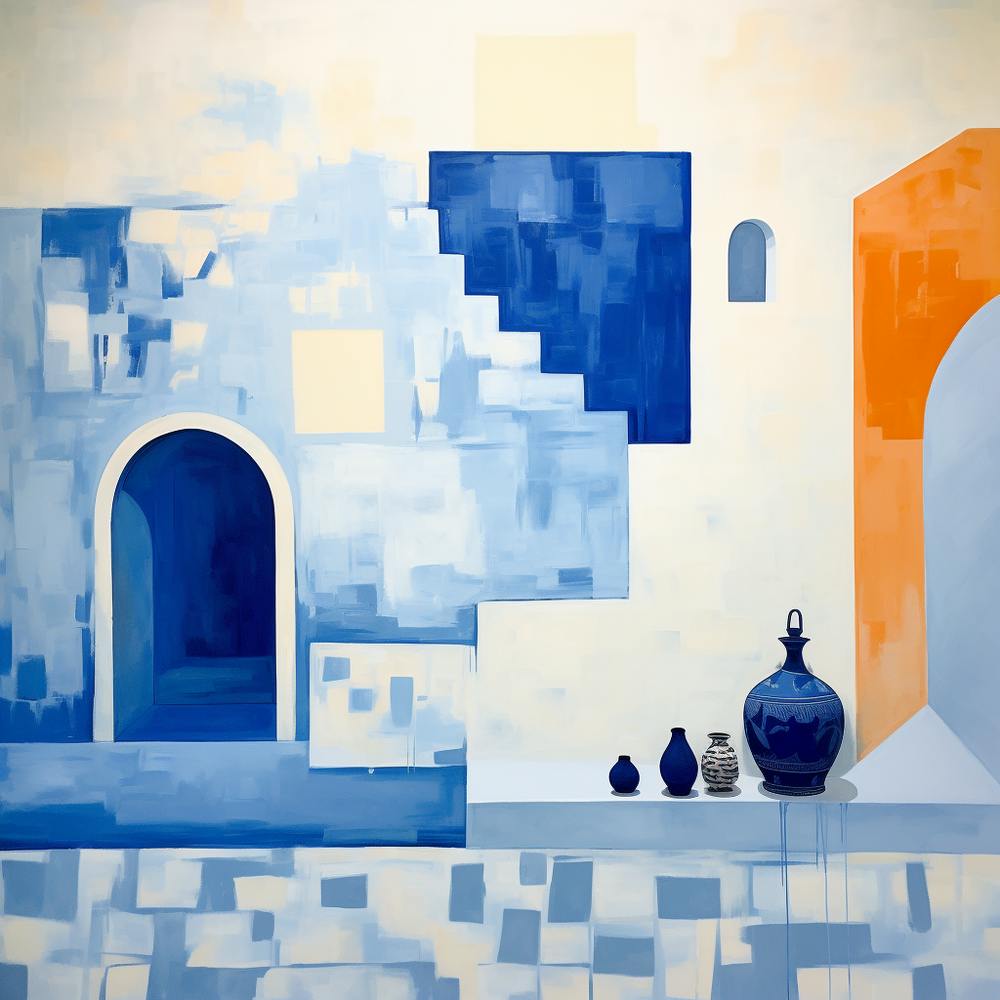 Abstract Minimalist Contemporary - Blue, Orange & White Archways With Pots