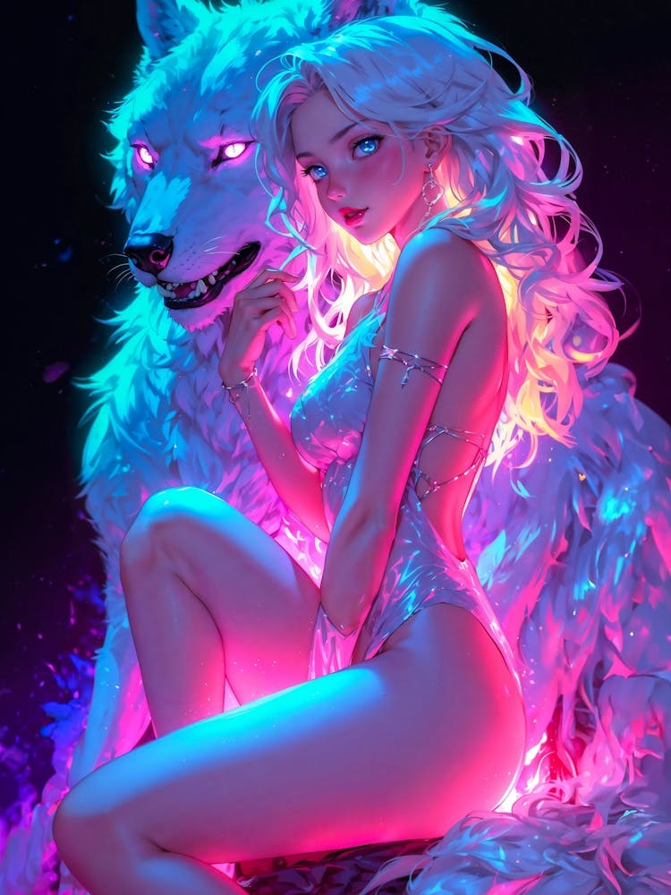 Neon wolf — a captivating creature in vibrant colors, she embodies beauty and wildness in the fantastical realm.