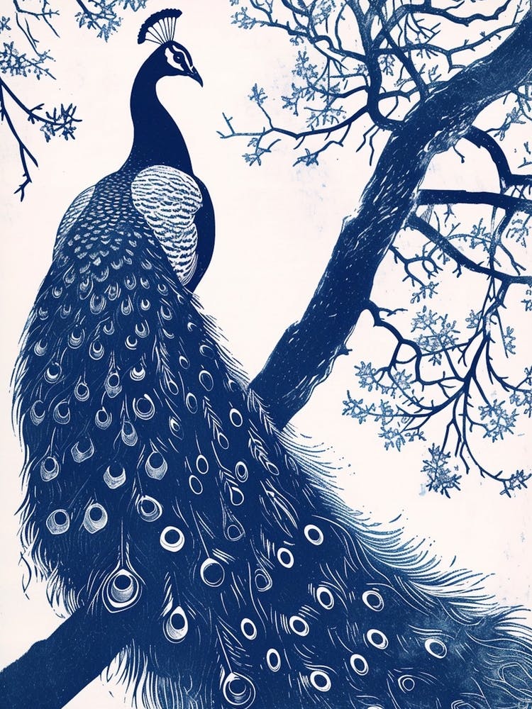 Navy & Cream Peacock On A Tree 4