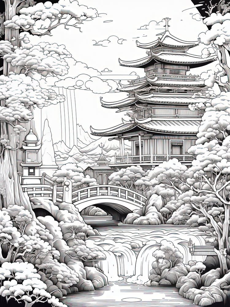 Okinawa Islands In Okinawa, Ukiyo E Black And White Line Art Drawing 4