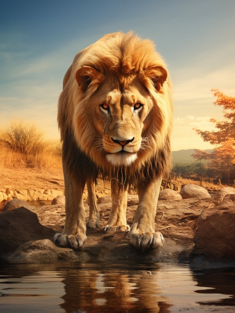 African Lion Drinking From A Stream Realistic 8