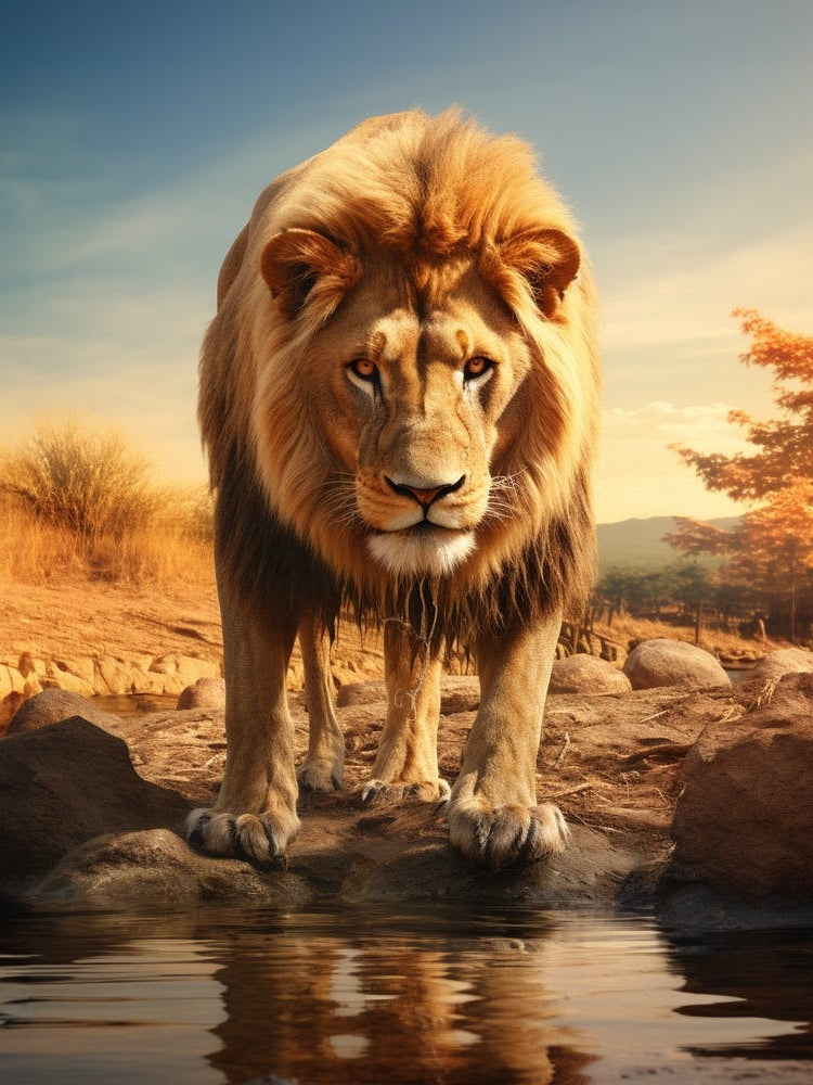 African Lion Drinking From A Stream Realistic 8