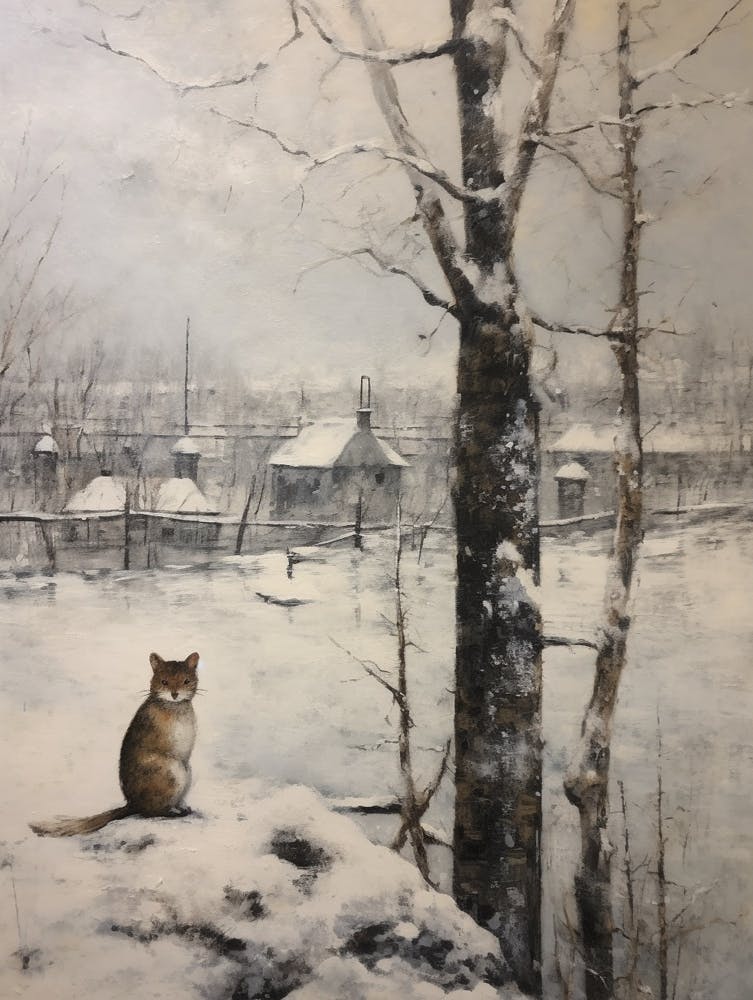 Vintage Winter Animal Painting Stoat