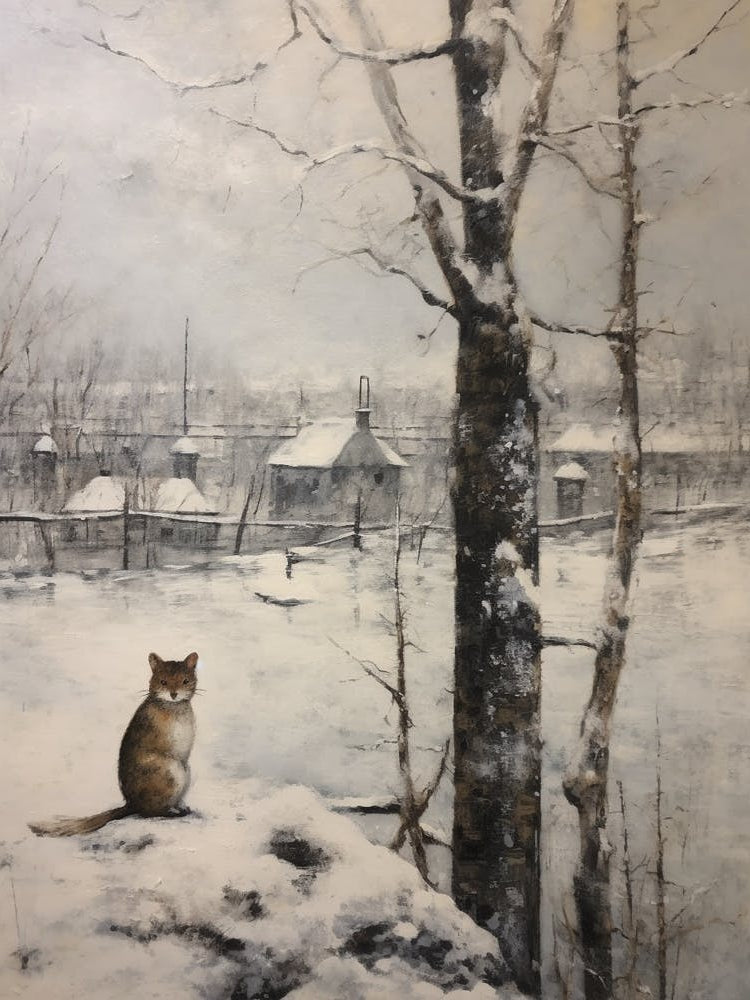Vintage Winter Animal Painting Stoat