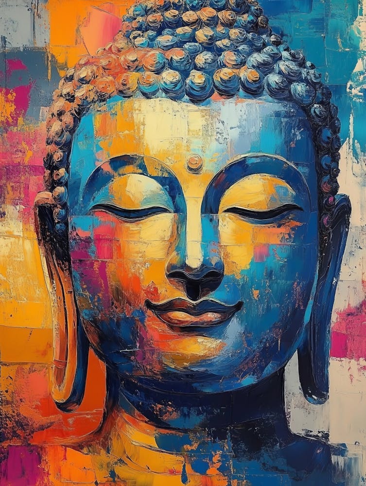 Lord Buddha Statue Oil Painting In Colorful Colors, Oil Painting Buddha Face