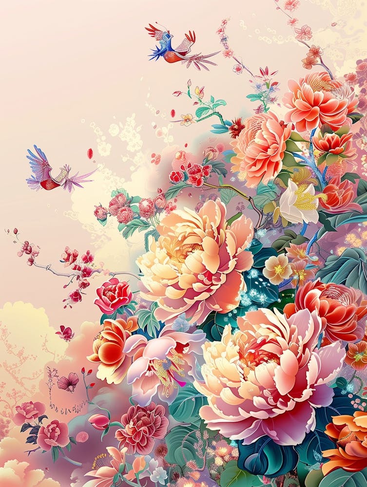 This Is A Poster Depicting A Hundred Flowers In Bloom, Azaleas, Chrysanthemums, Orchids, Peonies, Roses Flying In The Sky, A Chinese Garden, With A Light Pink And Light Beige Gradient In The Background, A Dreamy Scene, A Masterpiec