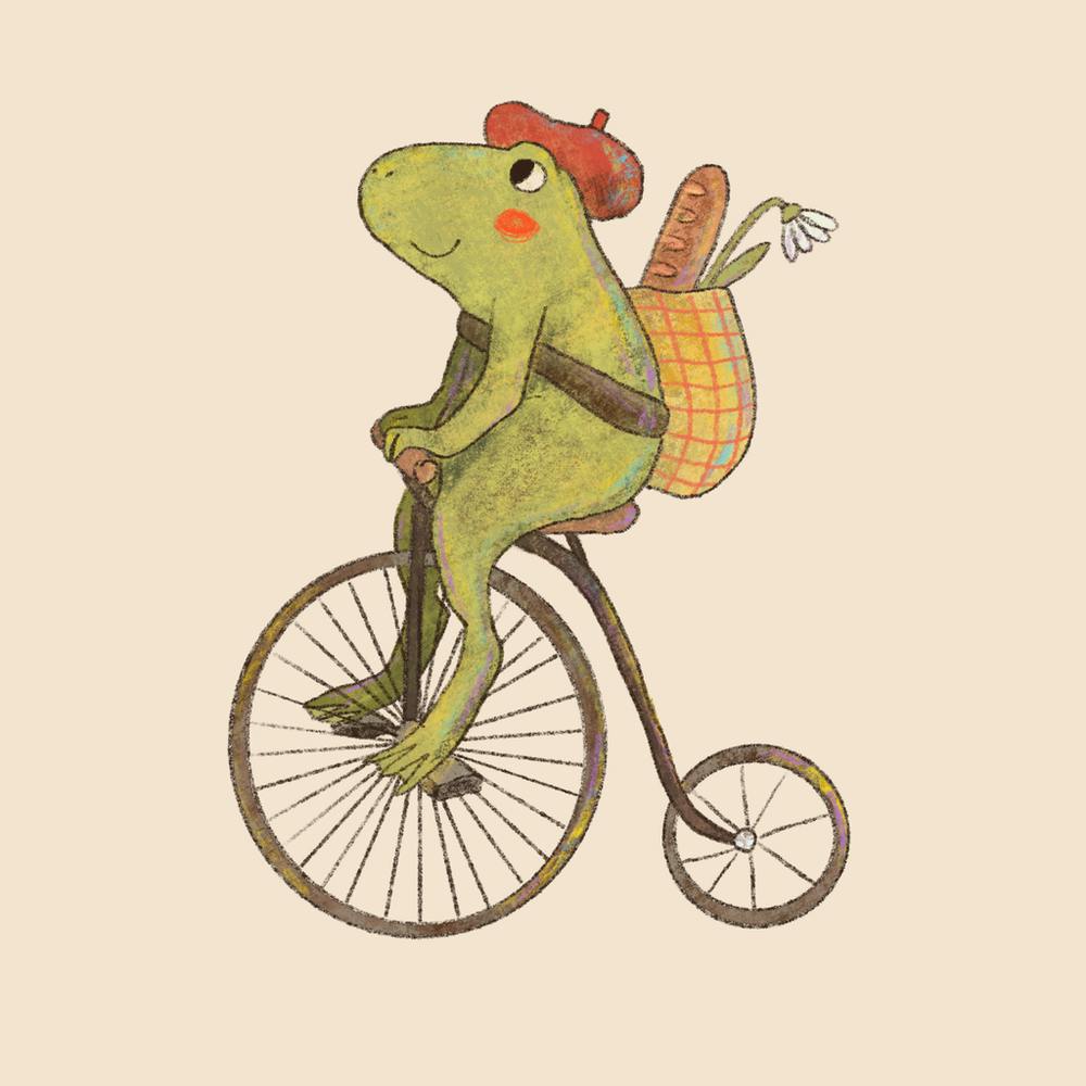 Digital Animals On Wheels Frog Penny Farthing Cycling French Baguette Berret