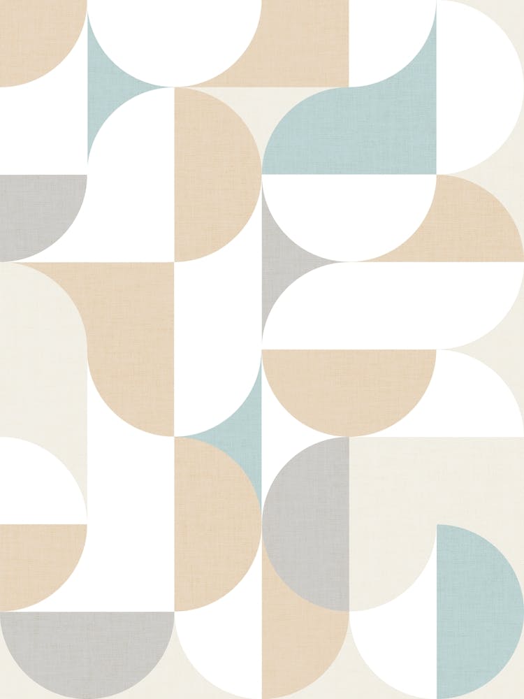 Mid-Mod playful geometric dots and shapes pattern blue grey sand pastels