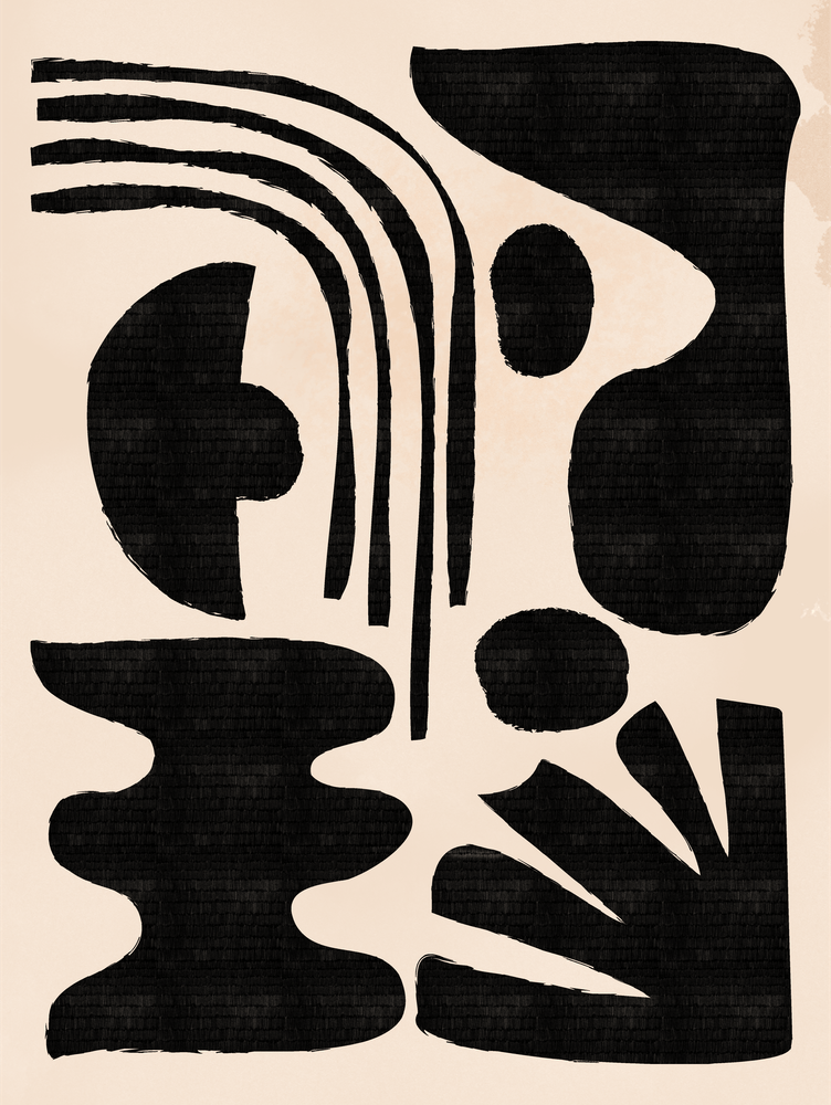 Abstract Mid-Century Modern Black and Linen White Composition