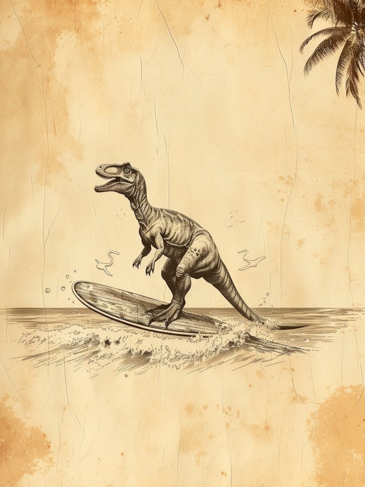 Dinosaure Troodon Vintage Sur Une Planche de Surf 1
