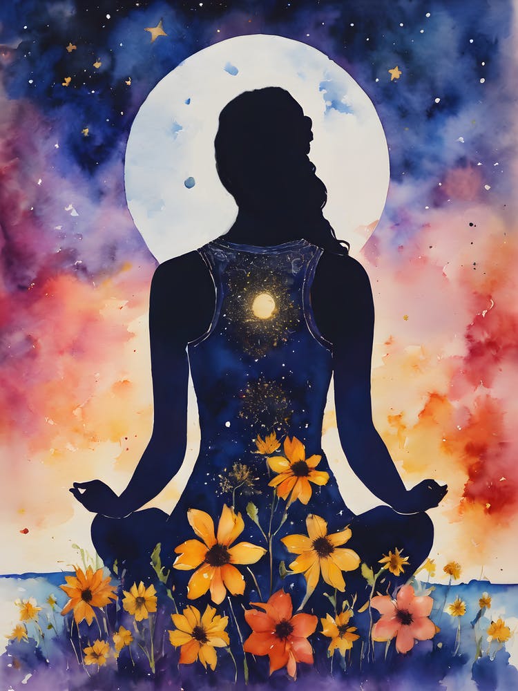 Meditative Woman In Yoga Pose - Full Moon Contemplating Serenity Calm Yogi Meditating Spiritual Grounding Heart Open Buddhist Indian Travel Guidance Wisdom Peace Love Witchy Beautiful Watercolor Woman Trees Blue Silhouette
