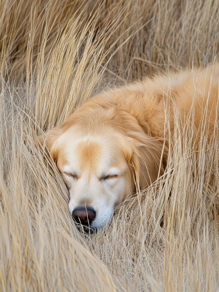 Golden Retriever Sleeping In The Grass.Generated AI.