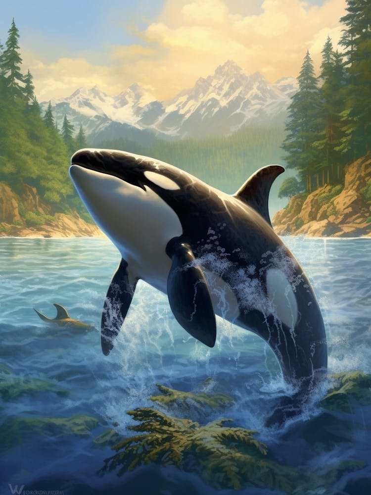 Realistic Orca Whale Diving Out Of Ocean With Mountain Backdrop