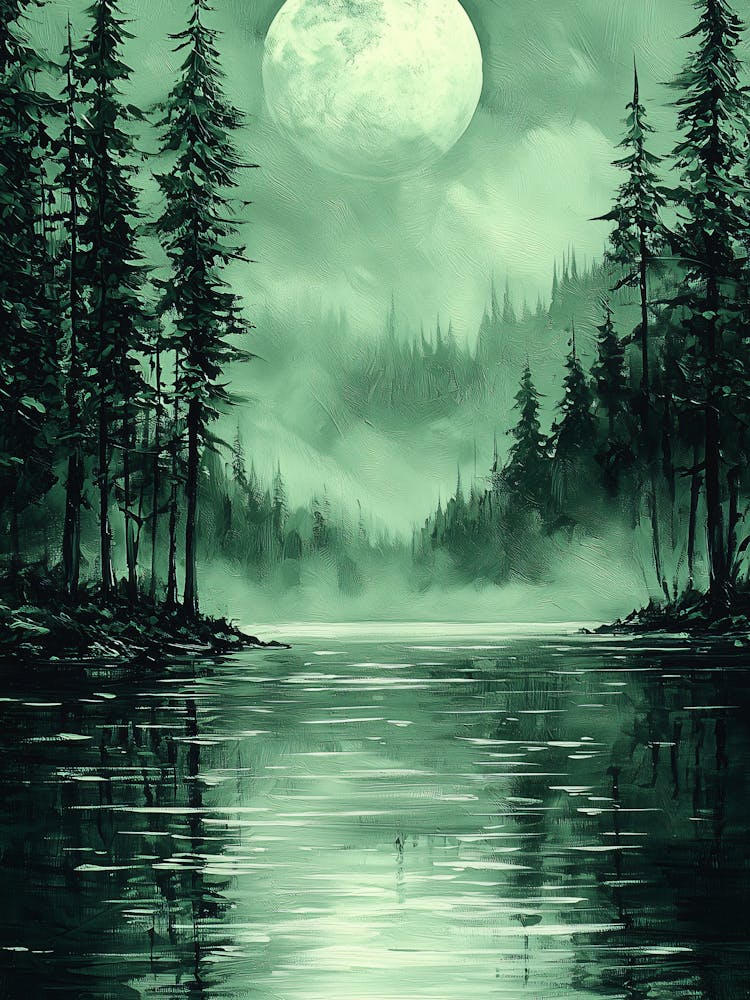 Pleine Lune Dans La Forêt, Monochrome, Style Fusain