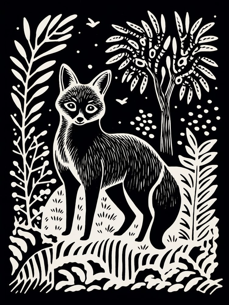 Linocut Fox Illustration Black 7