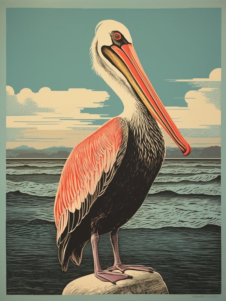 Vintage Bird Linocut Pelican 1